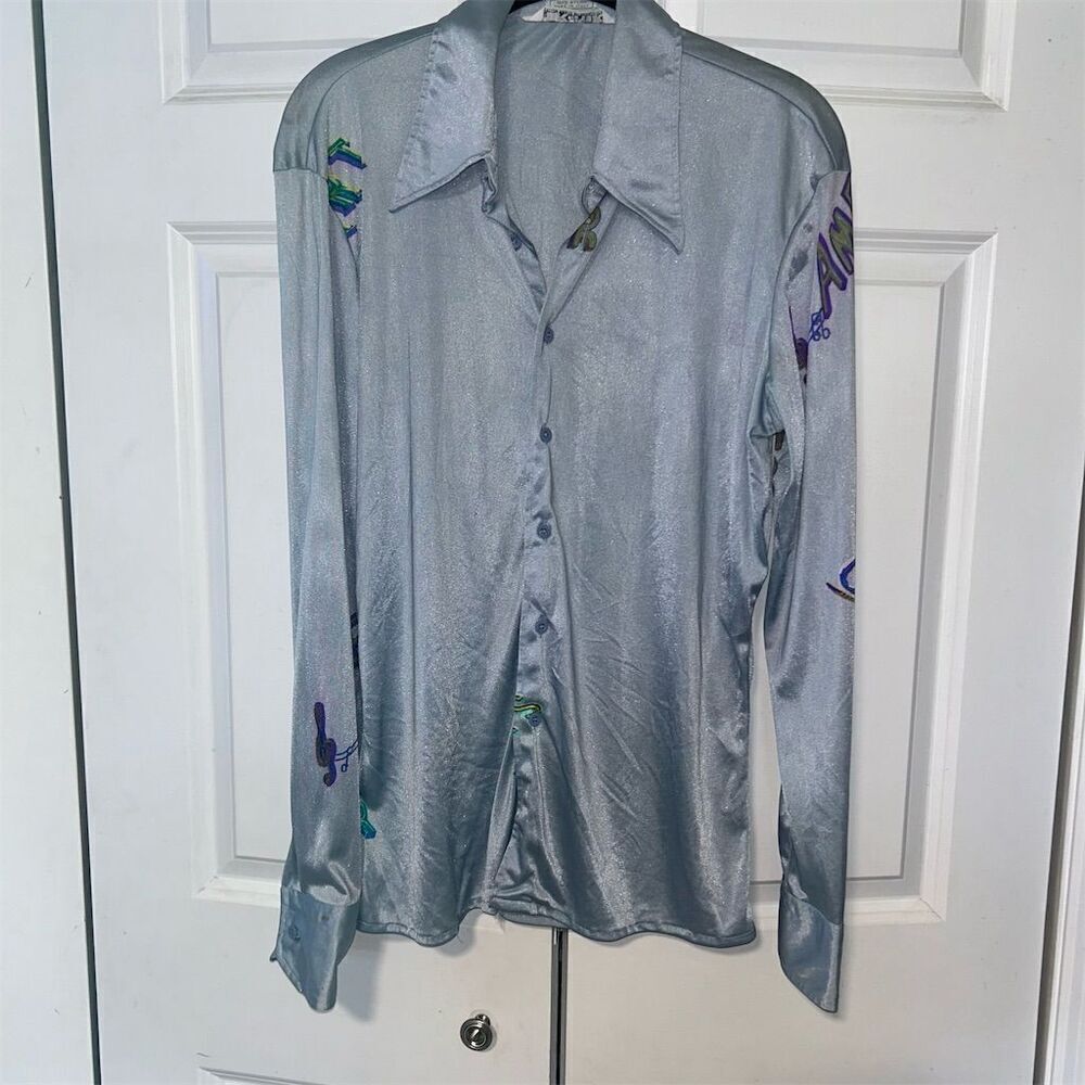 Vintage 70s Nik Nik Men's Silver Satin Button-Up Shirt M Long Sleeve Retro